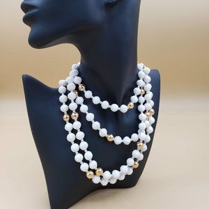 Vintage 1940's White Carved and Gold Toned Beaded Necklace